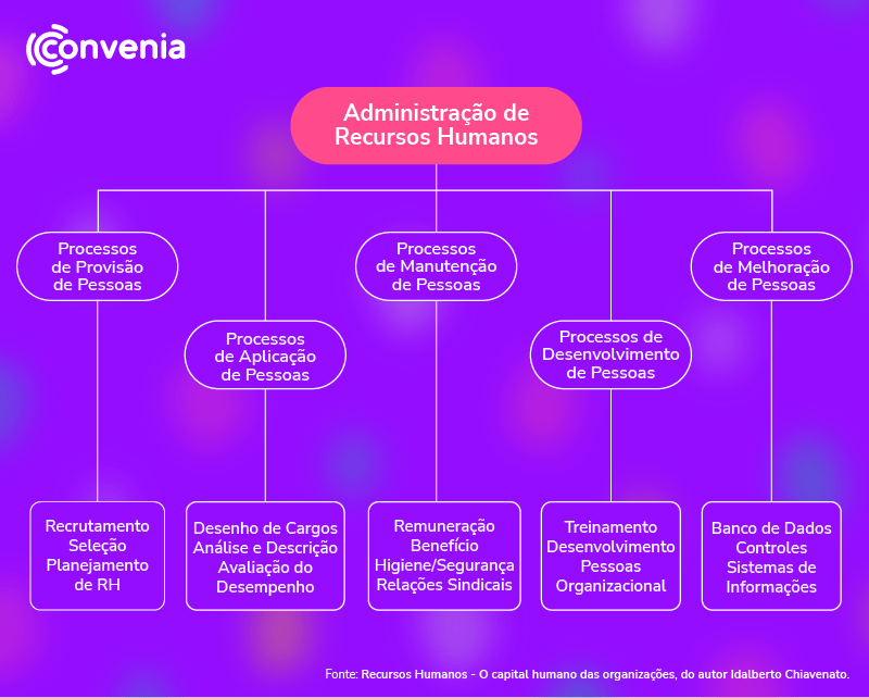 Tabela mostrando os subsistemas de RH, começando com prcessos de provisão de pessoas, processos de aplicação de pessoas, processos de manutenção de pessoas, processos de desenvolvimento de pessoas e processos de melhoração de pessoas
