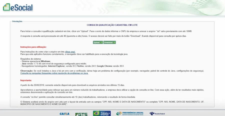 Captura de tela do portal do eSocial mostrando a interface da Consulta de Qualificação Cadastram em lote, incluindo instruções de uso, requisitos do sistema e orientações importantes.