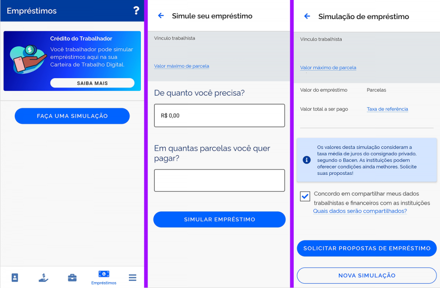 Tela do aplicativo mostrando a simulação de empréstimo no programa Crédito do Trabalhador na CTPS Digital