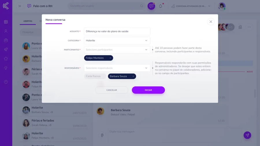 Tela de criação de nova conversa no Fale com o RH, com campos para assunto, categoria, participantes e responsáveis.