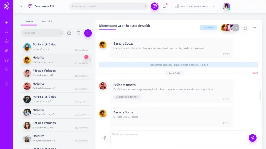 Interface da funcionalidade Fale com o RH exibindo uma conversa ativa entre colaboradores, com anexos e histórico visível.